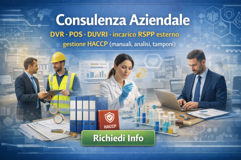 • Consulenza aziendale – DVR · POS · DUVRI · incarico RSPP esterno · gestione HACCP (manuali, analisi, tamponi). (Link: /consulenza-aziendale)